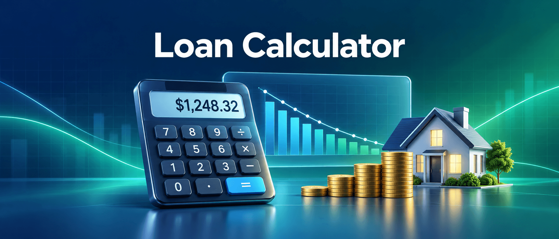 Loan calculator with repayment chart and home finance illustration